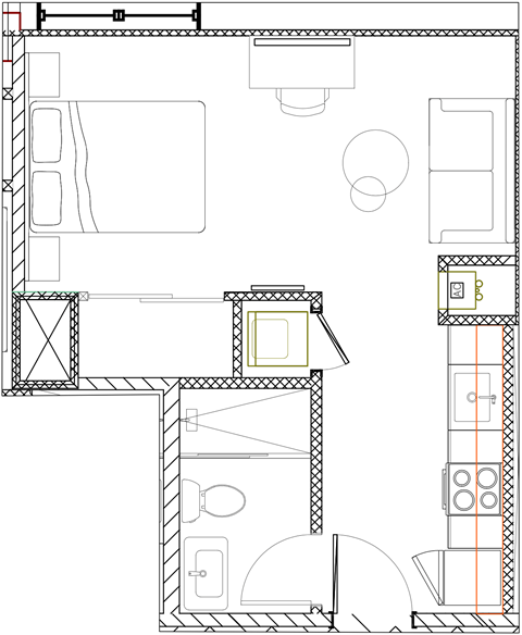 Floor plan for studio, 1 bath, 360 sqft